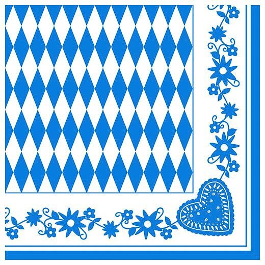 Motiv-Servietten, 3-lagig 1/4-Falz 40 x 40 cm "Bayrisch Blau" (Pack a 50 Stk)