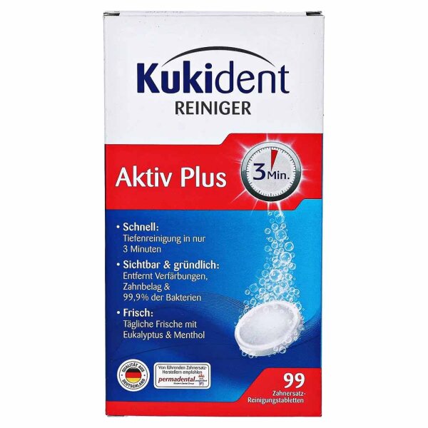 Kukident Aktiv Plus 99er, Zahnersatz-Reinigungstabletten (Pack a 99 Stück)