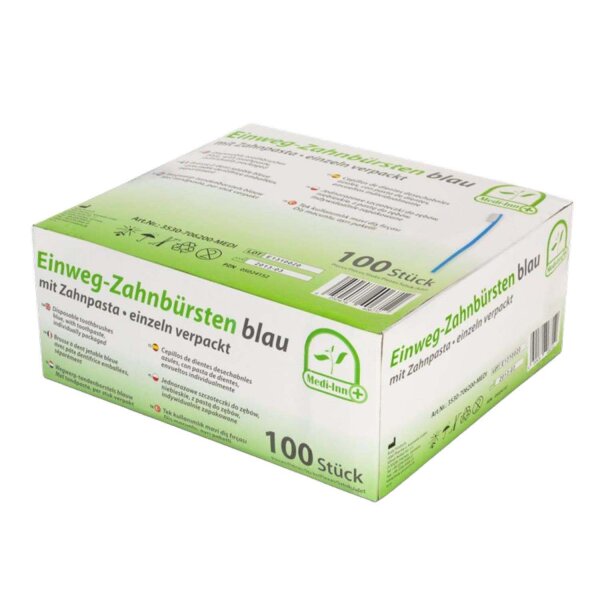 Einmalzahnbürsten, einzeln verpackt, mit Paste blau (100 Stück pro Box)