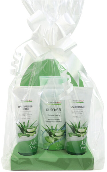 Marvita med GP Aloe Vera, Hautpflegecreme 75 ml, Handpflege 75 ml und Duschgel 250 ml in Cellobeutel mit Schleife