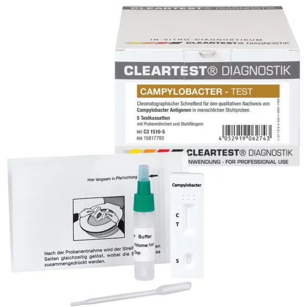 <p>Professioneller Campylobacter Schnelltest für menschliche Stuhlproben. Packung mit 5 Tests, qualitativer Antigen-Nachweis und Auswertung nach ca. 10 Minuten.</p>